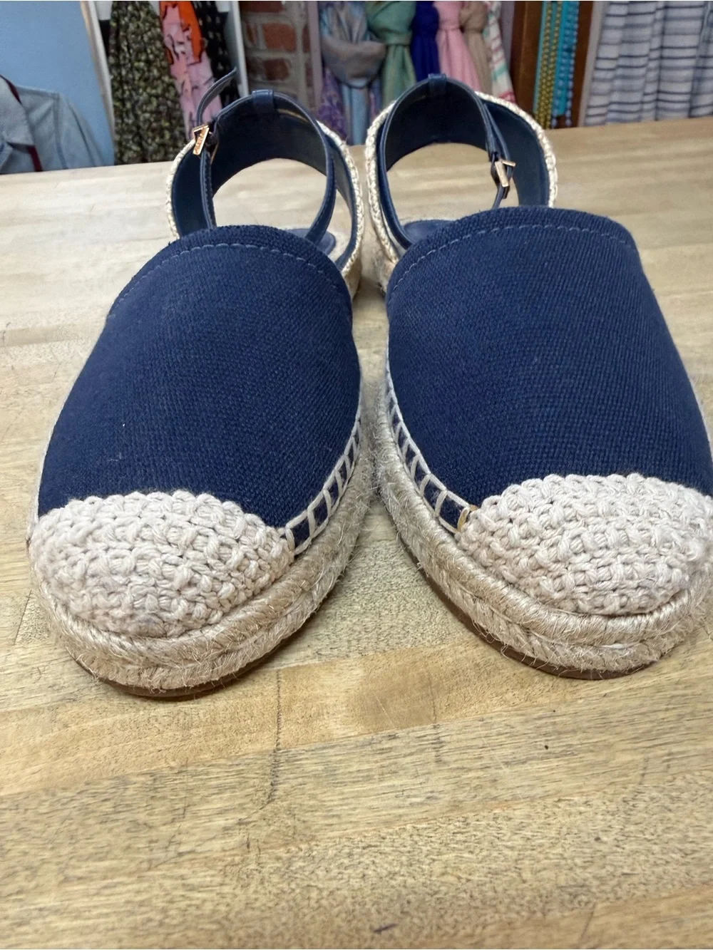 SCHUTZ Greeca Navy Canvas Espadrille Ankle-Strap Flats Sz 10